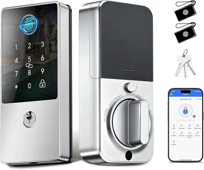 Smart Lock, Upgrade Keyless Entry Deadbolt Smart Lock with Keypad, Fingerprint Door Lock, Smart Locks for Interior Front Door, Biometric Digital Door Lock with Code App Control and Auto Lock(Silver)