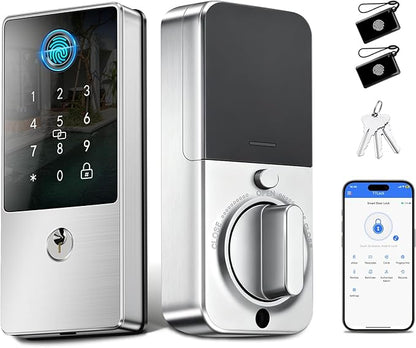 Smart Lock, Upgrade Keyless Entry Deadbolt Smart Lock with Keypad, Fingerprint Door Lock, Smart Locks for Interior Front Door, Biometric Digital Door Lock with Code App Control and Auto Lock(Silver)