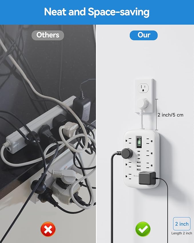 Short Extension Cord 2 inch - Small Power Strip Flat Outlet Extender Surge Protector with 8 AC Outlets 6 USB (5V/4.8A 24W), Mini Extension Cord Flat Wall Plug for Home Office Dorm Kitchen Bathroom