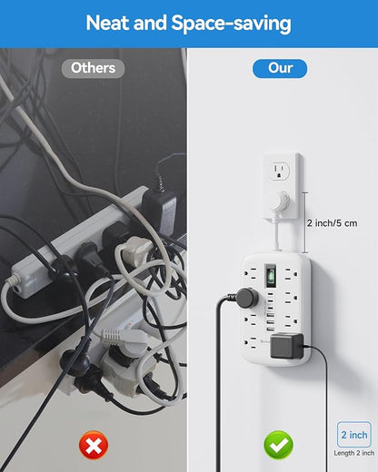 Short Extension Cord 2 inch - Small Power Strip Flat Outlet Extender Surge Protector with 8 AC Outlets 6 USB (5V/4.8A 24W), Mini Extension Cord Flat Wall Plug for Home Office Dorm Kitchen Bathroom