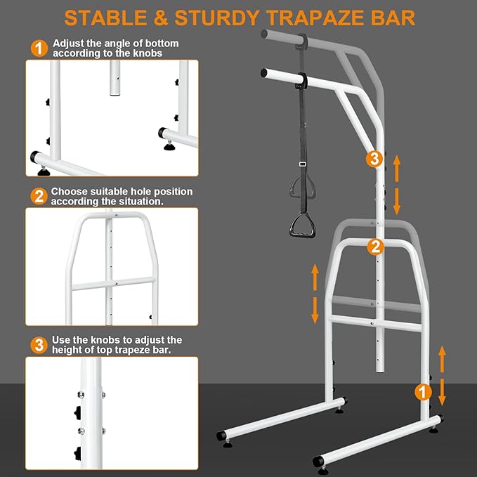 Trapeze Bar for Bed Mobility, Heavy Duty Pull Up Assist Bar with Floor Stand, 5Ft-7Ft Height Adjustable Trapeze Bar, Medical Patient Mover for Care Facilities, White