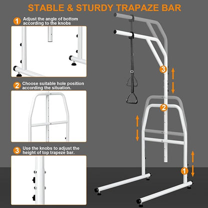 Trapeze Bar for Bed Mobility, Heavy Duty Pull Up Assist Bar with Floor Stand, 5Ft-7Ft Height Adjustable Trapeze Bar, Medical Patient Mover for Care Facilities, White