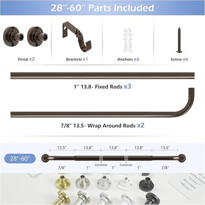 Bronze Wrap Around Curtain Rods 28 to 60 Inch:Blackout Heavy duty Adjustable Window Curtain Rod for Bedroom,Industrial Darkening Curved French Metal Single Drapery Rods Set Easy Install,Brown