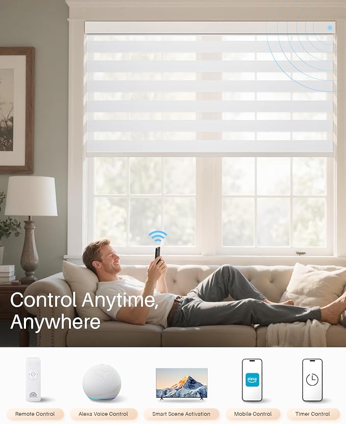 Smart Zebra Blinds for Windows, Alexa Motorized Blinds with Remote Control, Automatic Electric Power Zebra Shades for Indoor Windows (52" W x 72" H, White)