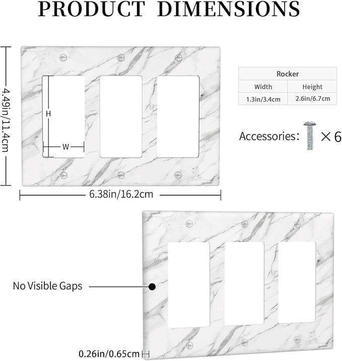 Decorative Outlet Covers Modern Grey Marble Texture 3 Gang Light Switch Cover Plate Triple Rocker Wall Plates for Electrical Outlets Switch Plate Covers for Bedroom Kitchen Home Decor
