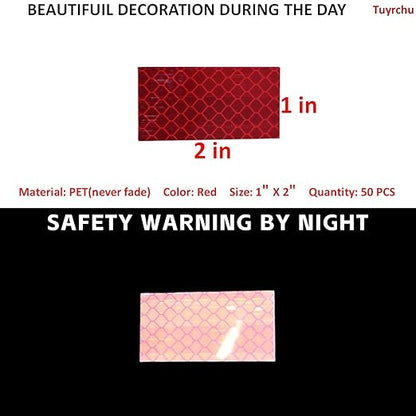 Non Fading Red Reflective Stickers 1 inch X 2 inch, Outdoor Waterproof High Visibility Warning Safety Adhesive Reflector Tape (50 Pcs)