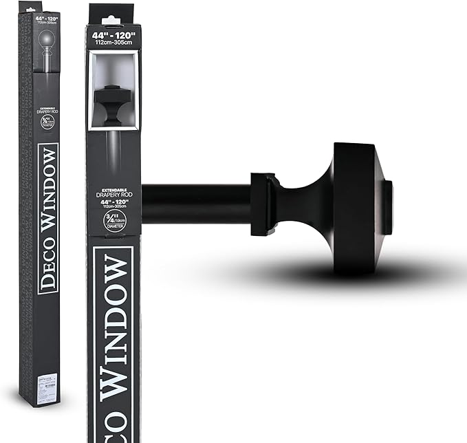 Deco Window Adjustable Curtain Rod for Windows 44 to 120 Inch (Pack of 1) Extendable Heavy Duty 3/4 Inch Iron Drapery Pole with Finials Wall Mounted French Door Curtain Rods (Black)