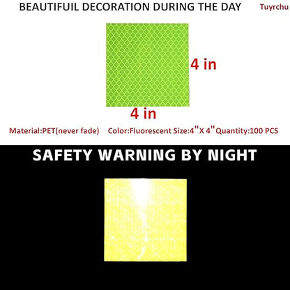 Non Fading Fluorescent Yellow Reflective Stickers 4 inch X 4 inch, Outdoor Waterproof High Visibility Safety Adhesive Reflector (100 Pcs)