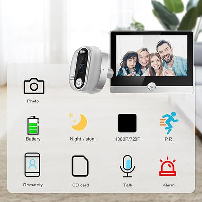 WALFRONT WiFi Door Viewer Smart Peephole Camera Motion Detection 1080P 4.3 Inch Color LCD Two Way Intercom Night Wide Angle 128G Card Supported