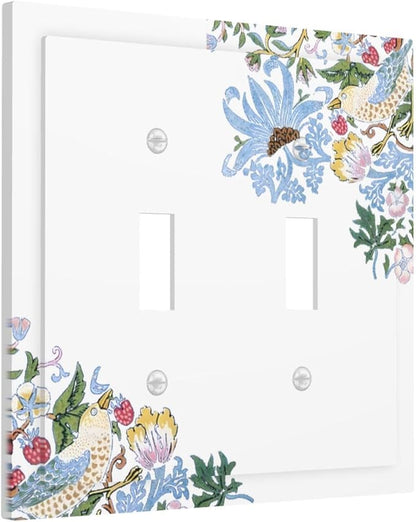 Decorative Light Switch Cover Plate Retro Morris Strawberry Rustic Plant Bird 2 Gang Wall Plate Oversized Double Toggle Two Switch Wall Cover Plate Dual Device Faceplate