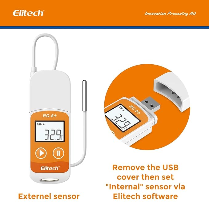 Elitech RC-5+ TE Digital PDF USB Temperature Data Logger Reusable Recorder Refrigerator Thermometer 32000 Points High Accuracy (Extra External Sensor)-100Pack