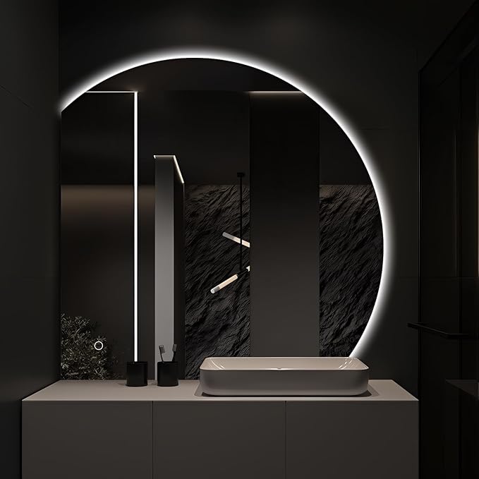 Niccy Half Moon LED Mirror for Bathroom, 36" Semi Backlit Mirrors Frameless Makeup Mirror with Light, Anti-Fog, Shatter-Proof, 3 Colors, Smart Vanity Mirrors