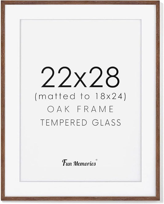 22x28 Picture Frame in Walnut, 22 x 28 Poster Frames for Wall, Solid Oak Wood Picture Frame 22"x28" with Glass, 22x28 Frame Matted to 18x24, 28x22 Wood Frame, 22 by 28 Art Frames, Walnut Color, 1 Pack