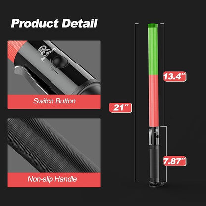 RoadHero 1 Pack 21 Inch Traffic Wands, Red and Green Led Traffic Control Baton, Safety Light Wand with 3 Flashing Modes, Air Marshaling Signal Wand with Side Clip for Airport, Parking, Car Directing
