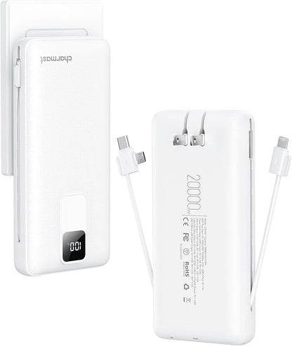 charmast Portable Charger with Built-in Cables and Wall Plug, 20000mAh 20W USB C Power Bank Fast Charging Battery Pack Travel Essentials Compatible with iPhone 16/15/14/13 Series, Samsung Google iPad