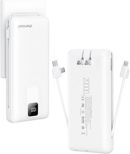 charmast Portable Charger with Built-in Cables and Wall Plug, 20000mAh 20W USB C Power Bank Fast Charging Battery Pack Travel Essentials Compatible with iPhone 16/15/14/13 Series, Samsung Google iPad