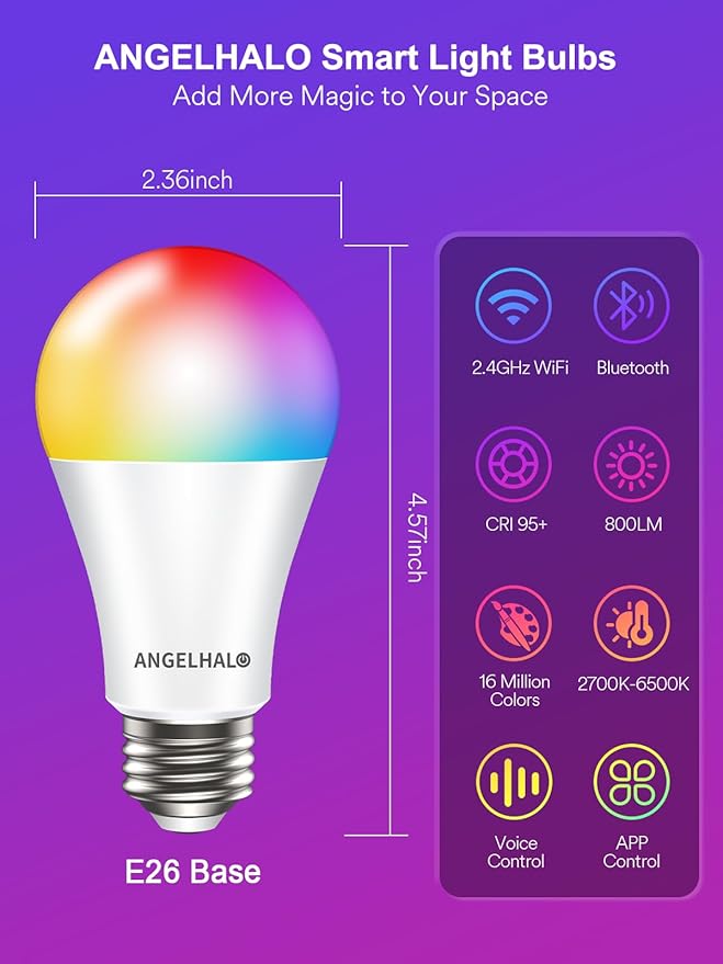 ANGELHALO Smart Light Bulbs, Color Changing A19 LED Light Bulb, Work with Alexa and Google Assistant, Wi-Fi & Bluetooth Light Bulbs, 16 Million Colors RGBCW, Music Sync, 800 Lumens, 2.4Ghz only,1 Pack