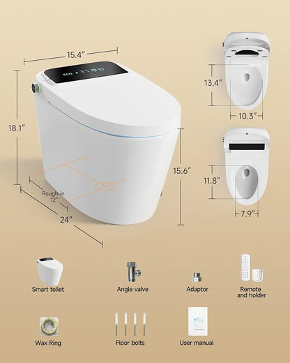 WANSID Smart Toilet with Bidet Built-in and Tankless, Auto Open/Close, Heated Seat, Instant Warm Water & Dryer, Foot Sensor Operation, Elongated One-Piece Modern Toilet for Bathroom, Digital Display