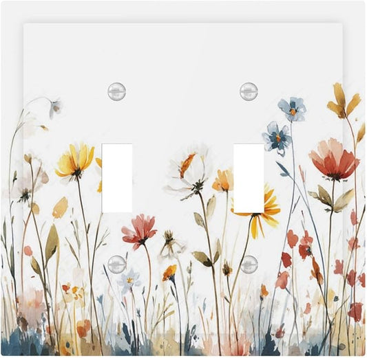 Watercolor Wildflower Colorful Floral Plant Decorative Switch Plates 2 Gang Double Toggle Outlet Light Switch Cover Wall Plate Electrical Faceplate for Bed Room Living Room Decor