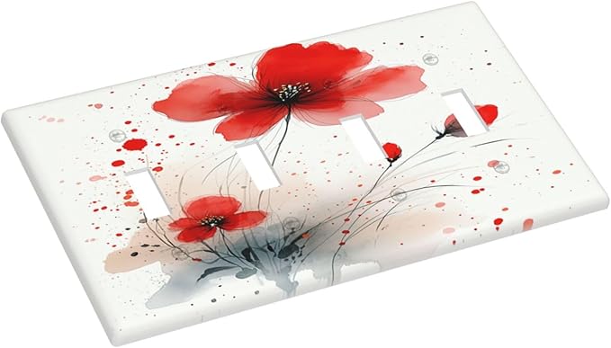 Vintage Watercolor Red Flowers Floral Light Switch Covers Quad Toggle 4 Gang Wall Plate Decorative Switch Plates Electrical Faceplate for Bedroom Bathroom Decor