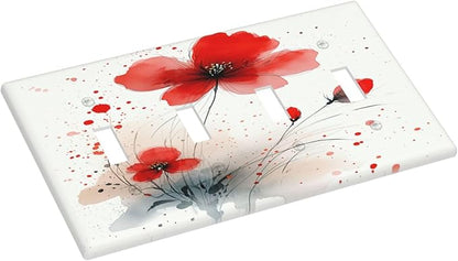 Vintage Watercolor Red Flowers Floral Light Switch Covers Quad Toggle 4 Gang Wall Plate Decorative Switch Plates Electrical Faceplate for Bedroom Bathroom Decor