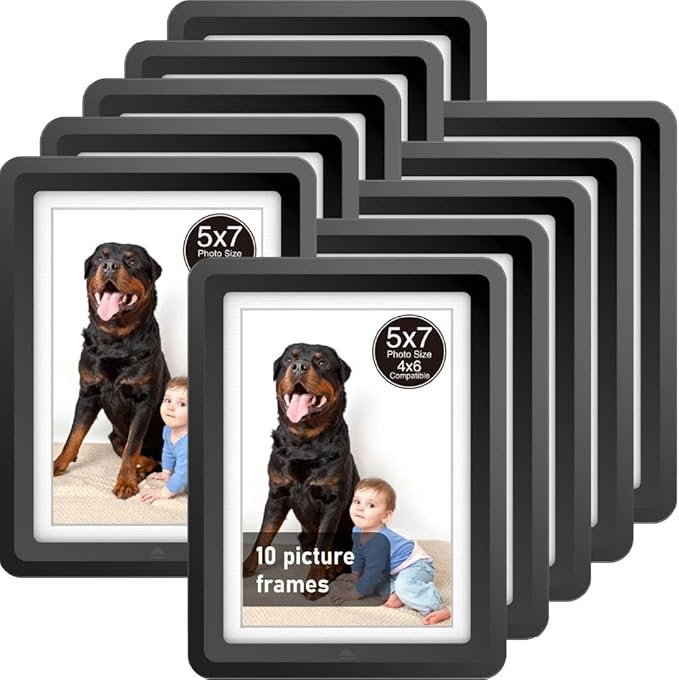 Black 5x7 Picture Frame with Acrylic Front 10 Pack, ABS Frame for 5x7 or 4x11 Photos, Shatterproof UV-Resistant Tabletop Photo Frame, Vertical/Horizontal Display for Home Décor