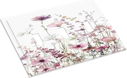 Floral Pink Watercolor Wildflowers Plant Flower Decorative Switch Plates 3 Gang Wall Plate Triple Toggle Light Switch Cover Faceplate Electrical Wall Panels for Bedroom Living Room Decor