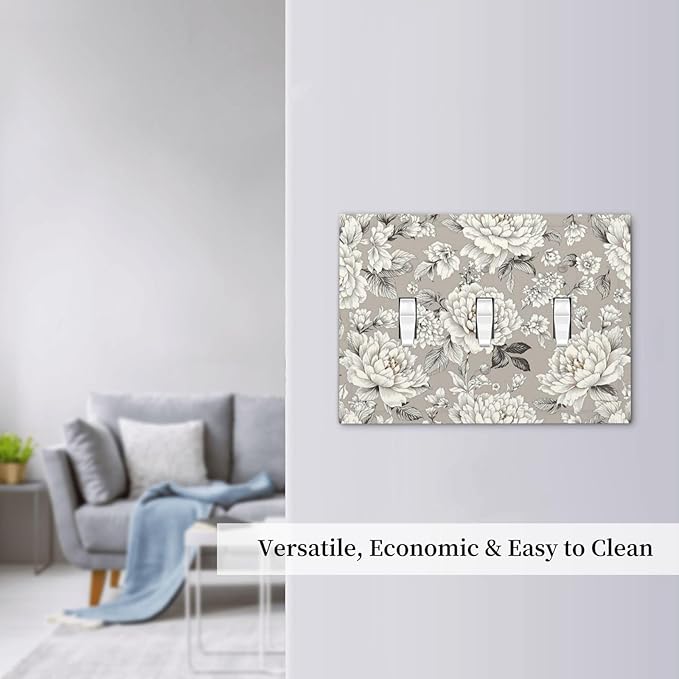 White Poppies Floral Modern Grey Peonies Flowers Decorative Switch Plates 3 Gang Wall Plate Triple Toggle Light Switch Cover Electrical Wall Panels Faceplate for Bedroom Bathroom Decor