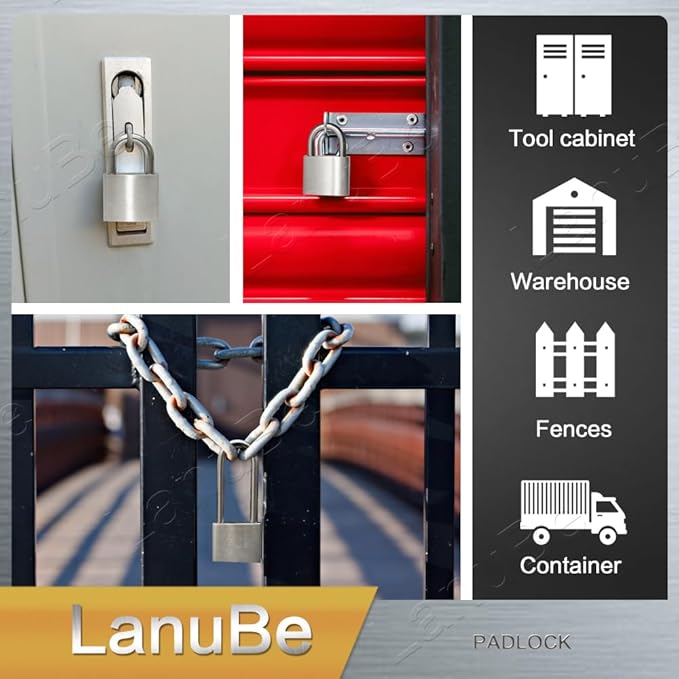 LanuBe 304 Stainless Steel Keyed Alike Padlocks for Outdoor use, Pin Tumbler Padlock, 2 inch Wide Body, Stainless Steel Body Long Shackle, Pack of 2