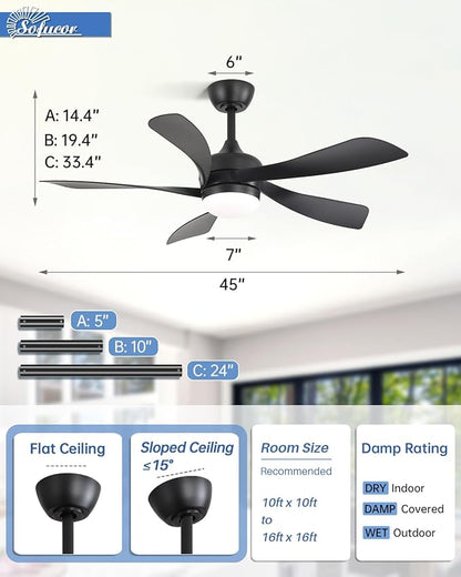 Sofucor 45" Smart Ceiling Fan, Indoor/Outdoor Black Ceiling Fans with Lights and Remote, Works with Alexa/Google/App, 3-Color Light 6-Speed Timing Reversible DC Motor for Bedroom Living Room Patio
