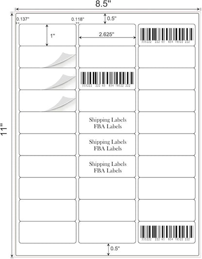 1" x 2-5/8" Address Labels 1500 Labels Sticker Paper for Laser/Ink Jet Printer mailing Labels 8.5"×11" White 30 per Sheet