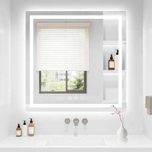 36X36 LED Bathroom Mirror with Lights, Anti-Fog, Backlit + Front Lit (CRI>90), Lighted Bathroom Vanity Mirror for Wall, Memory Function, Dimmable, Tempered Glass, Shatter-Proof
