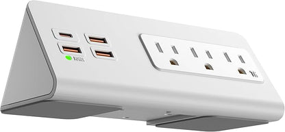 Power Charge Station Edge clamp Mount with USB-C Ports，Tabletop Surge Protector, Desk Clamp Power Sockets with 3 AC Outlets and 4 Fast Charging USB Ports for Home Office Hotel and Dormitory (White)