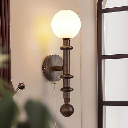 Wood Wall Sconce,Industrial Globe Wall Sconce,Modern Bedroom Vanity Wall Light fixtures with White Globe Glass Lampshade for Living Room、dinging Room
