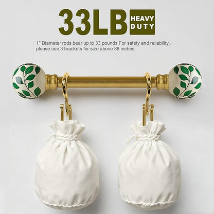 Ceramic Gold Curtain Rods Set of 2 for Windows 66 to 120 Inches Adjustable Length Duty 1" Diameter Window Curtain Rod with Modern Green Leaf Pattern Decorative Finials for Bedroom Living Room Kitchen