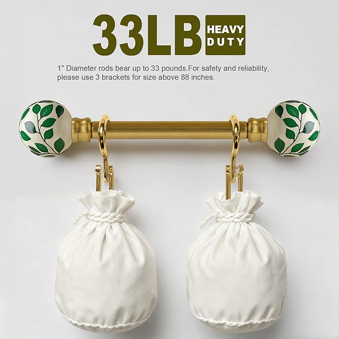 Ceramic Gold Curtain Rods for Windows 66 to 120 Inches Adjustable Length Heavy Duty 1" Diameter Window Curtain Rod with Modern Green Leaf Pattern Decorative Finials for Bedroom Living Room Kitchen