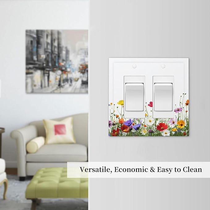 Decorative Outlet Covers Colorful Wildflowers Plant Floral Daisy 2 Gang Double Gfci Rocker Electrical Wall Panels Light Switch Cover Plate For Bed Room Living Room Decor