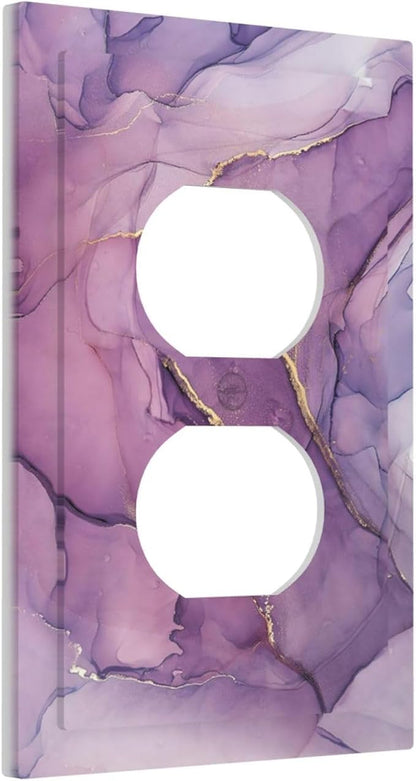 Outlet Covers Purple Marbling Golden Line 1 Gang Duplex Wall Plate Decorative Switch Plates Electrical Receptacle Faceplate Light Switch Cover for living Room Bathroom Decor