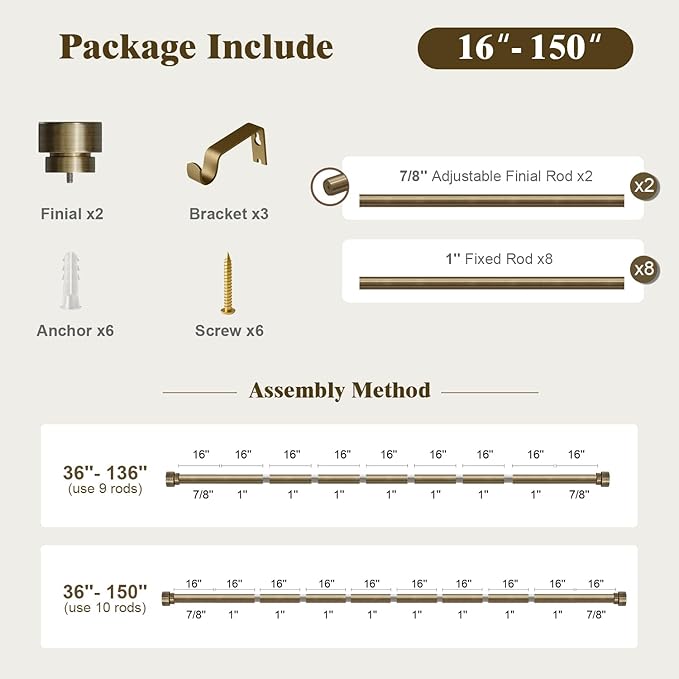 Oneach Heavy Duty Curtain Rods for Windows 72 to 144 Inch, 1 Inch Antique Bronze Curtain Rod, Adjustable Length Rod with Metal Finials, Modern Decor for Bedroom Kitchen Living Room(16 to 150 Inch)