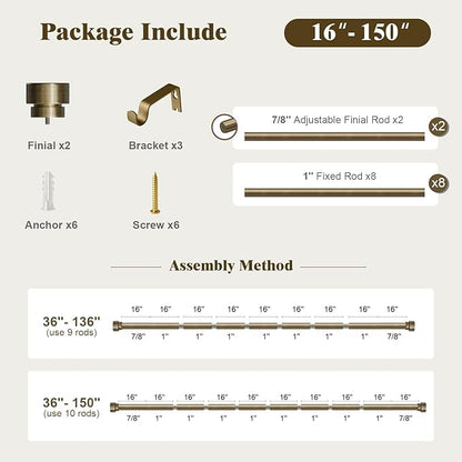 Oneach Heavy Duty Curtain Rods for Windows 72 to 144 Inch, 1 Inch Antique Bronze Curtain Rod, Adjustable Length Rod with Metal Finials, Modern Decor for Bedroom Kitchen Living Room(16 to 150 Inch)