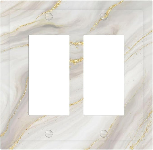 White Grey Gold Marble Simple Tiles Decorative Outlet Covers 2 Gang Double GFCI Rocker Electrical Wall Panels Light Switch Cover Plate for Bathroom Kitchen Decor