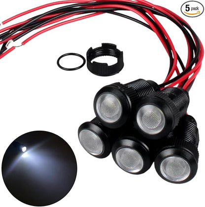 5pcs 12mm 12V-24V LED Indicator Light Plastic Black Signal Dot Lamp 12V-24V 1/2 inches Mounting Hole Size with 15cm/5.9in. Wire (White LED)