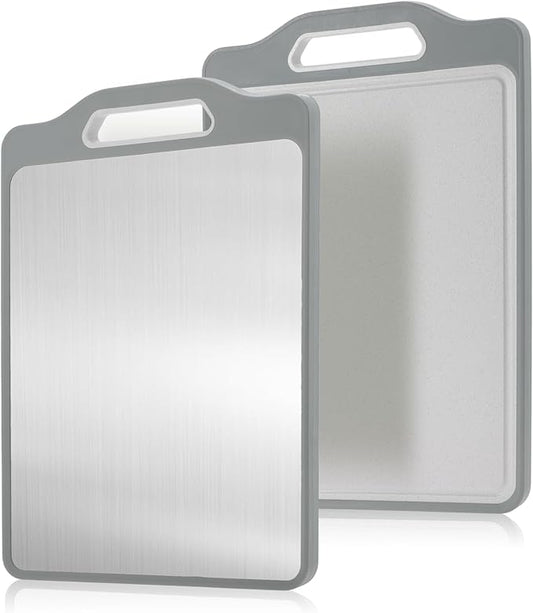 VOCOSTE Double-Sided Stainless Steel Cutting Board, Hygienic Kitchen Board for Meat, Fruits & Vegetables, Dishwasher Safe, Families with Children and Elderly, Gray