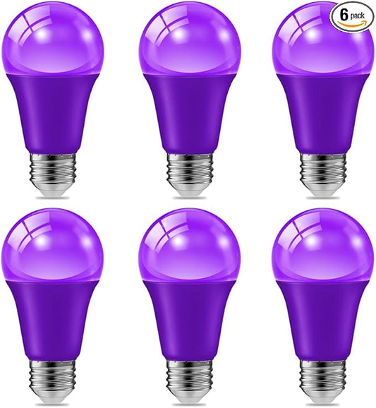 haraqi 6 Pack 9W (60W Equivalent) 120V E26 Base A19 LED Colored Light Bulb, Purple LED Lights for Party Christmas Decor and Halloween Lighting