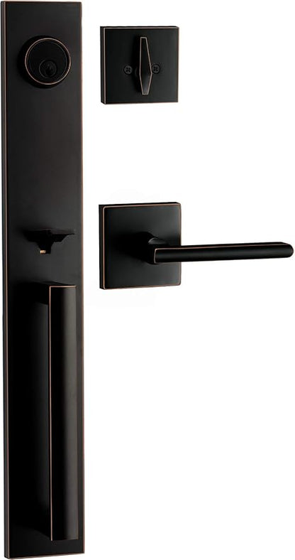 Berlin Modisch Full Escutcheon HandleSet Front Door Entry Handle and Deadbolt Lock Set Slim Square Single Cylinder Deadbolt and Lever Heavy Duty – Oil Rubbed Bronze Finish
