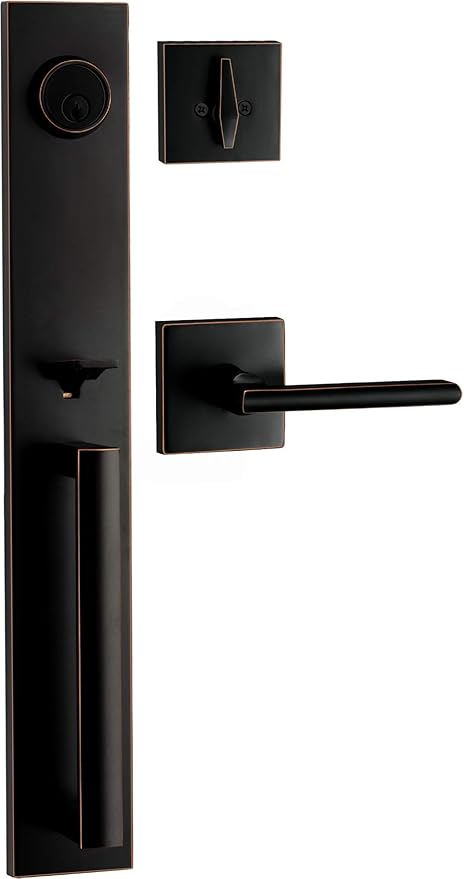 Berlin Modisch Full Escutcheon HandleSet Front Door Entry Handle and Deadbolt Lock Set Slim Square Single Cylinder Deadbolt and Lever Heavy Duty – Oil Rubbed Bronze Finish