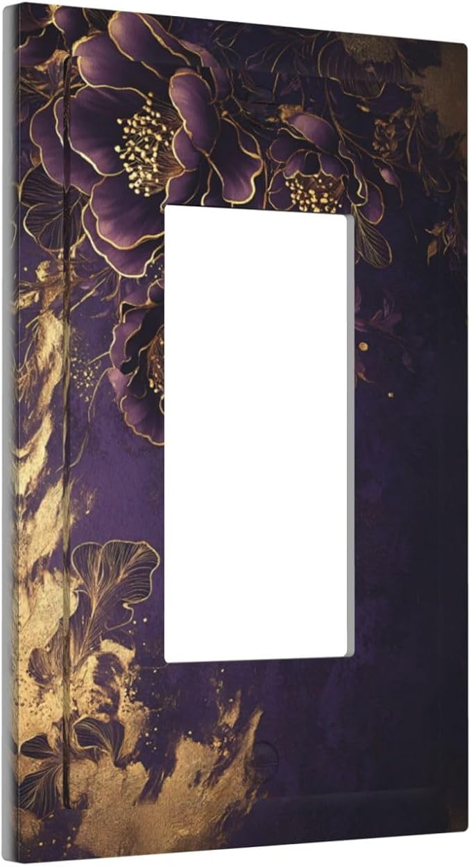 Decorative Outlet Covers Vintage Purple Peony Gold Leaf Flowers Floral 1 Gang Single Decora GFCI Device Light Switch Covers Plate 1 Rocker Wall Plate Jumbo Face Plate for Bedroom Decor