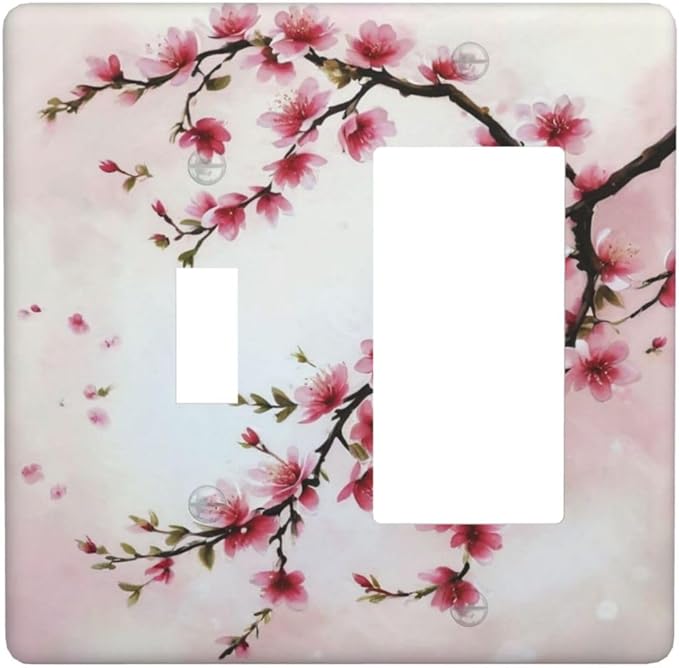 Branch with Pink Flowers Light Switch Covers 2 Gang Single Toggle Rocker Combination Wall Plate Cover Electrical Faceplate Decorative Switchplate for Farmhouse Living Decor
