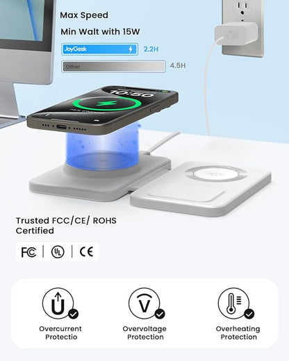 Wireless Charging Station for Mag-Safe Charger: JoyGeek Fast Wireless Charger Pad for iPhone 16/15/14/13/12 Series -Travel Stand for Apple Watch 10-2 - Air-Pods 4/3/2/Pro