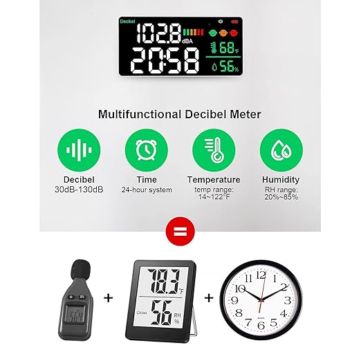 Decibel Meter Sound Level Reader, 11 Inch LED Display with Time Temperature Humidity, 30-130db Range - Sensor, Adjustable Brightness, USB Rechargeable for Home of
